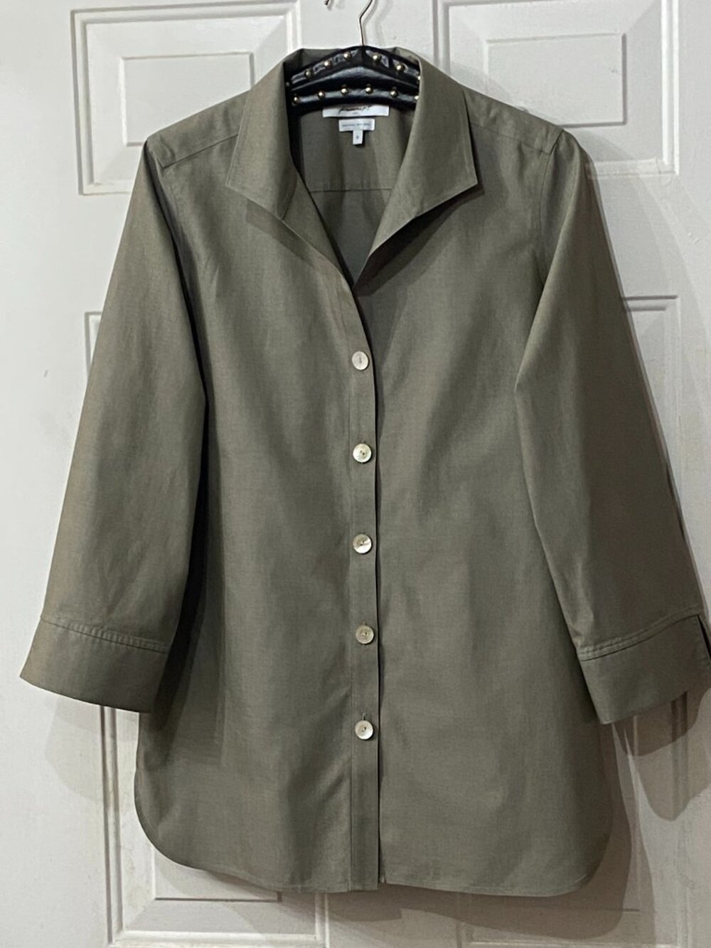 Foxcroft Heritage No-Iron Sz 12 Blouse Button Up Tunic 3/4 Sleeve Khaki Olive